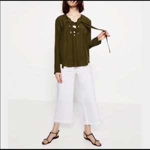 Zara khaki lace up blouse